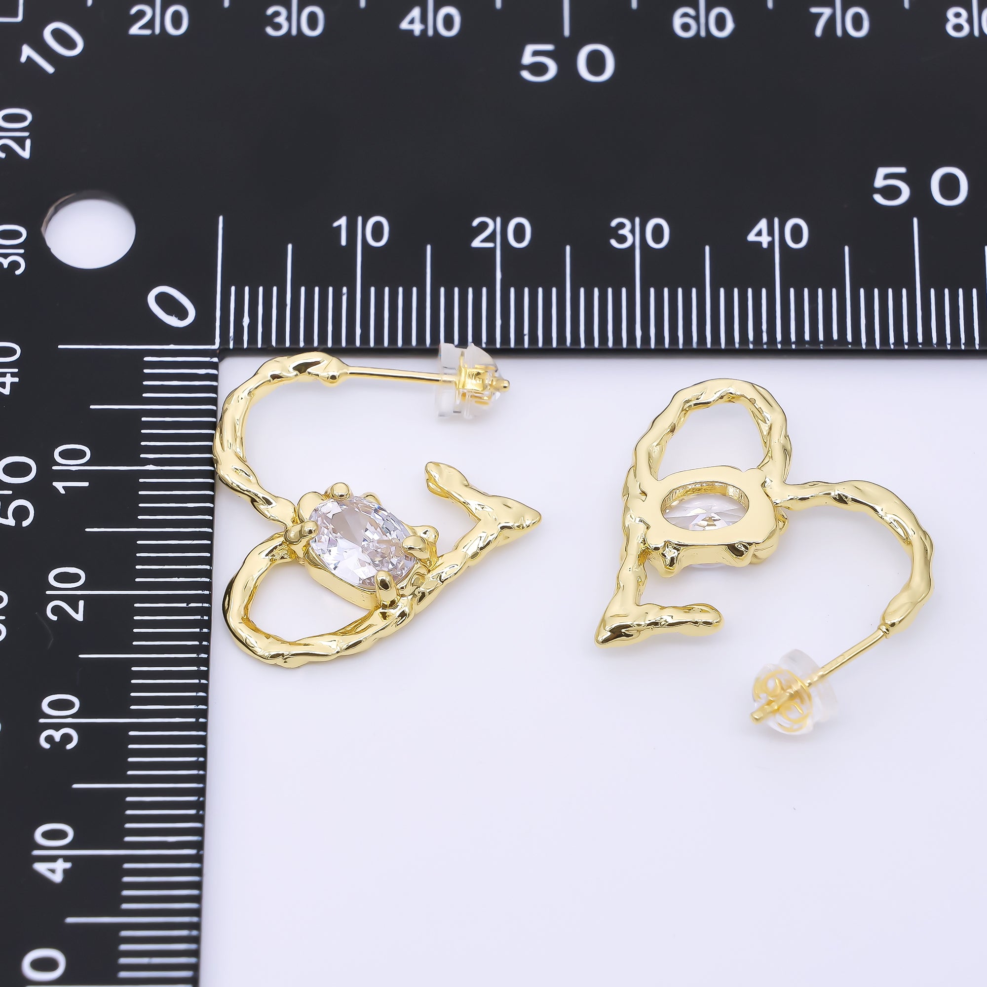 24K Gold Filled Baguette CZ Molten Heart C-Shaped Hoop Earrings | AI447