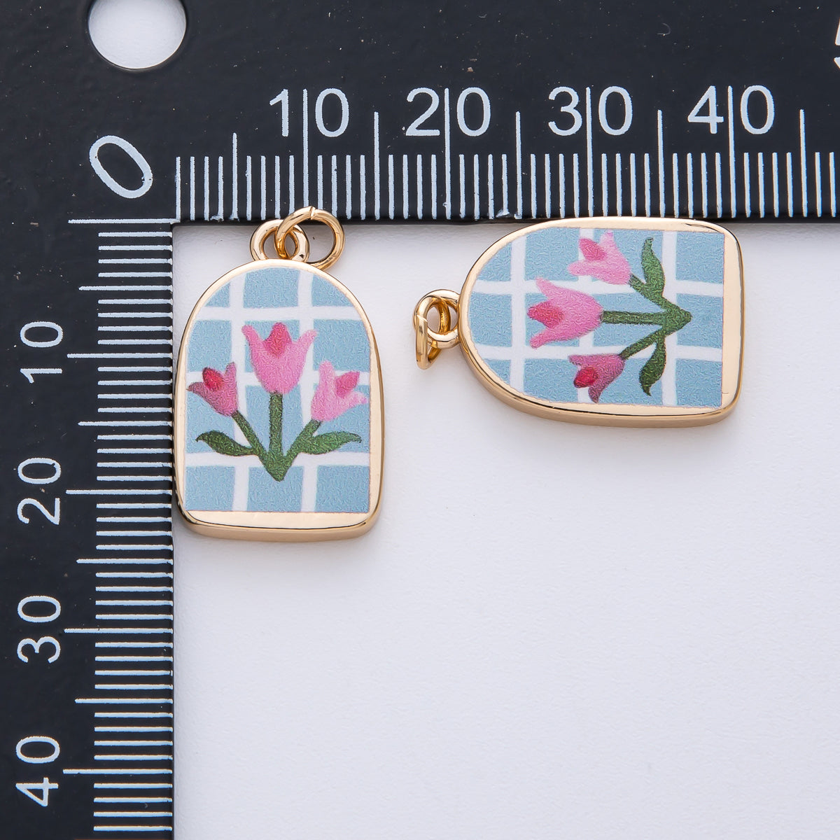18K Gold Filled 23mm Pink-Blue Flower Enamel Charm | AF1596