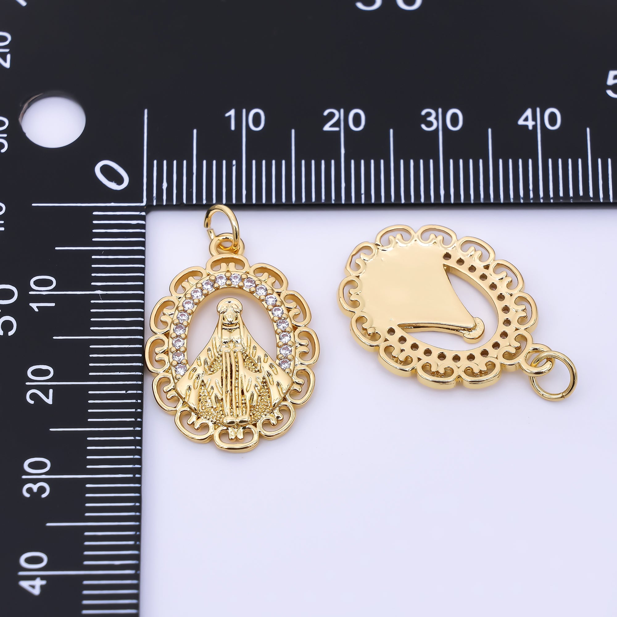 24K Gold Filled 24mm Micro Paved CZ Bless Mother Virgin Mary Religious Medallion Charm | AC1607