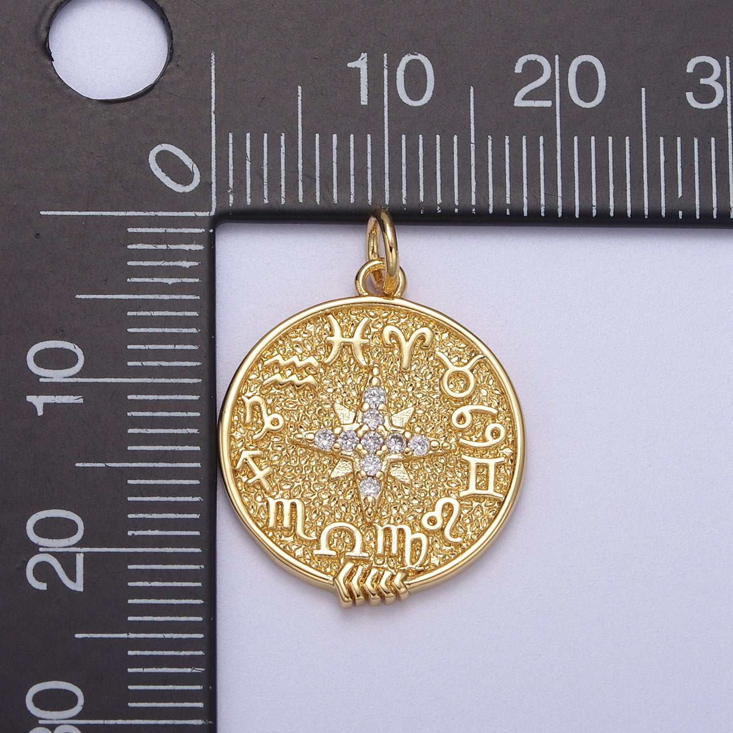 24K Gold Filled 24.5mm Clear CZ North Star Sign Zodiac Horoscope Round Charm | C340