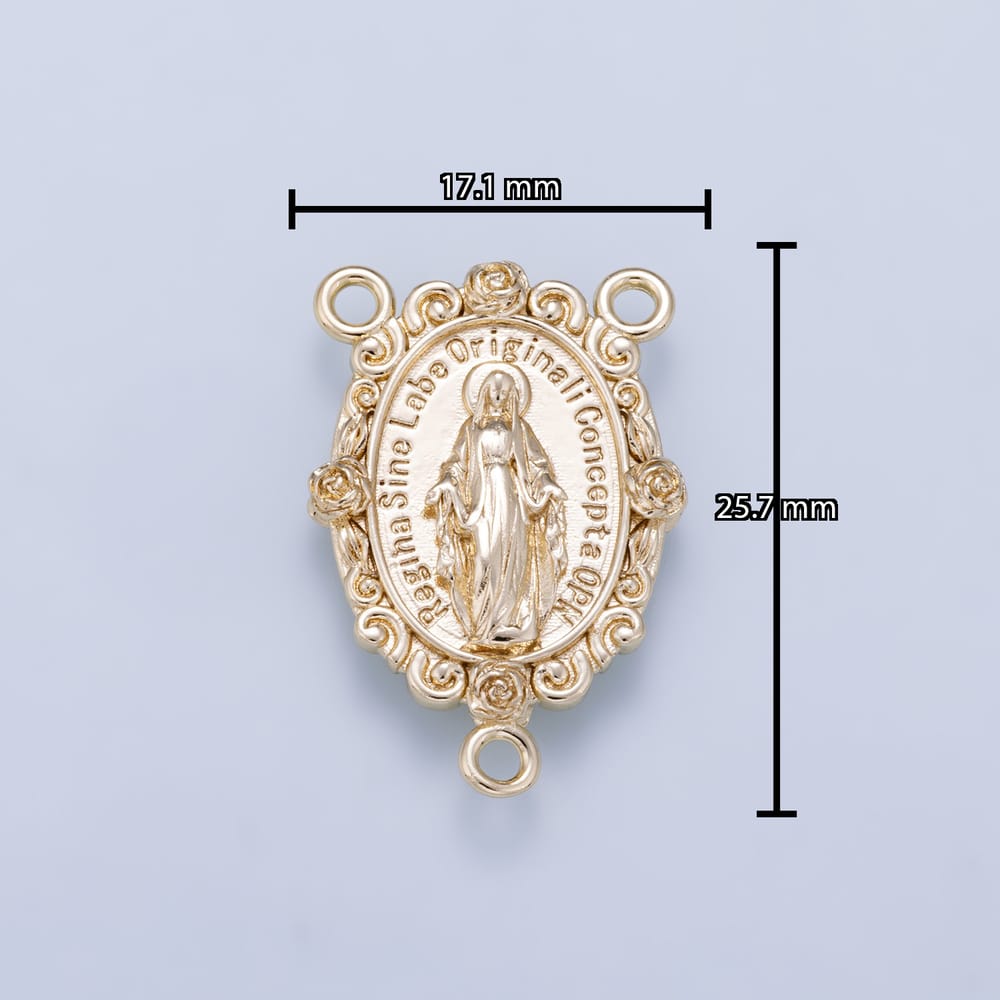 16K Gold Filled 25mm Miraculous Mary "Regina Sine Labe Originali Concepta OPN" Rose Bezel Religious Triple Connector | Findings-00157