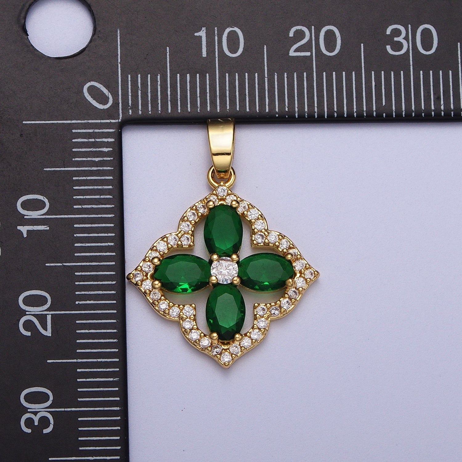 14K Gold Filled 26mm Green Micro Paved CZ Geometric Clover Flower Pendant | X548