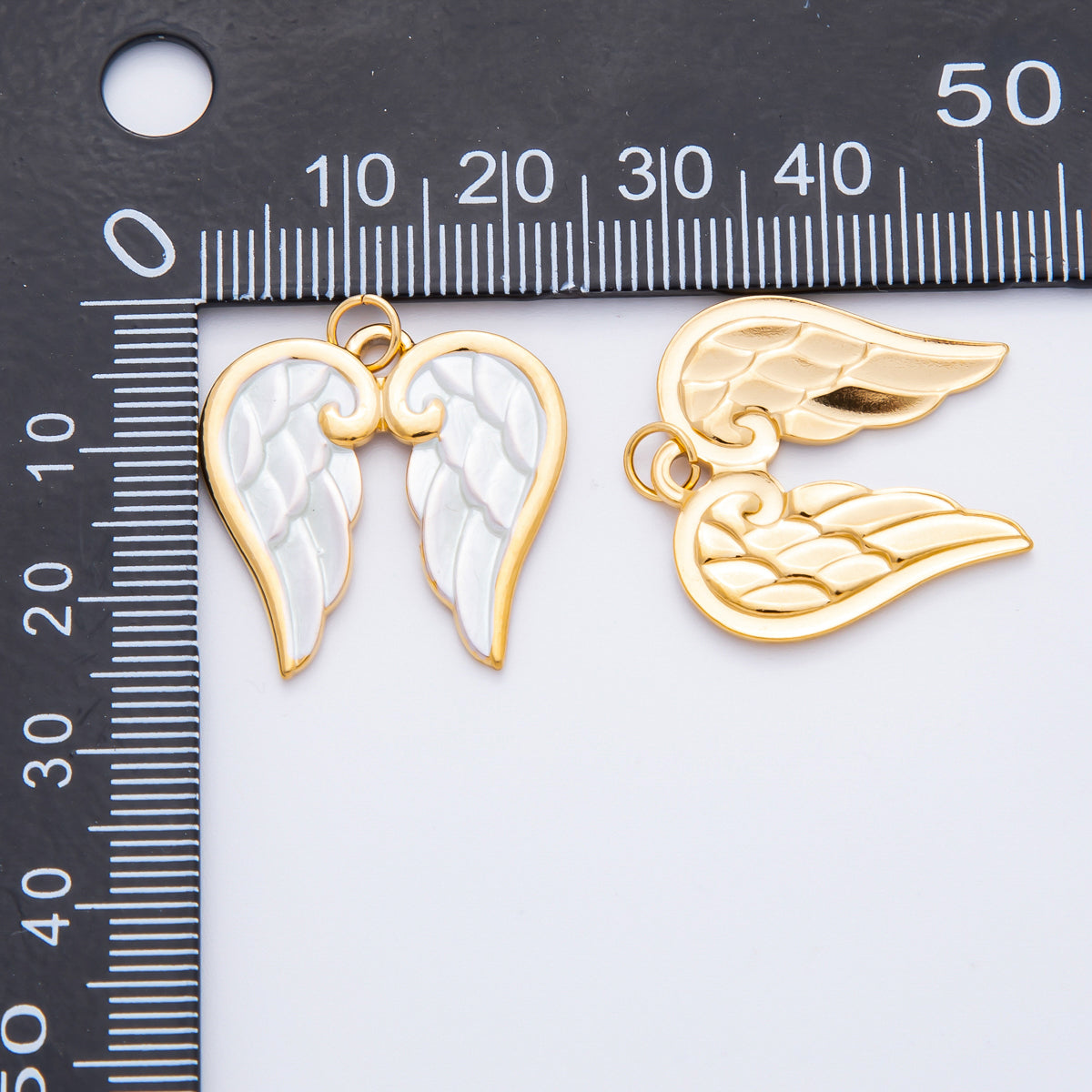 Gold Stainless Steel 26mm White Enamel Heavenly Angel Wings Charm | J778