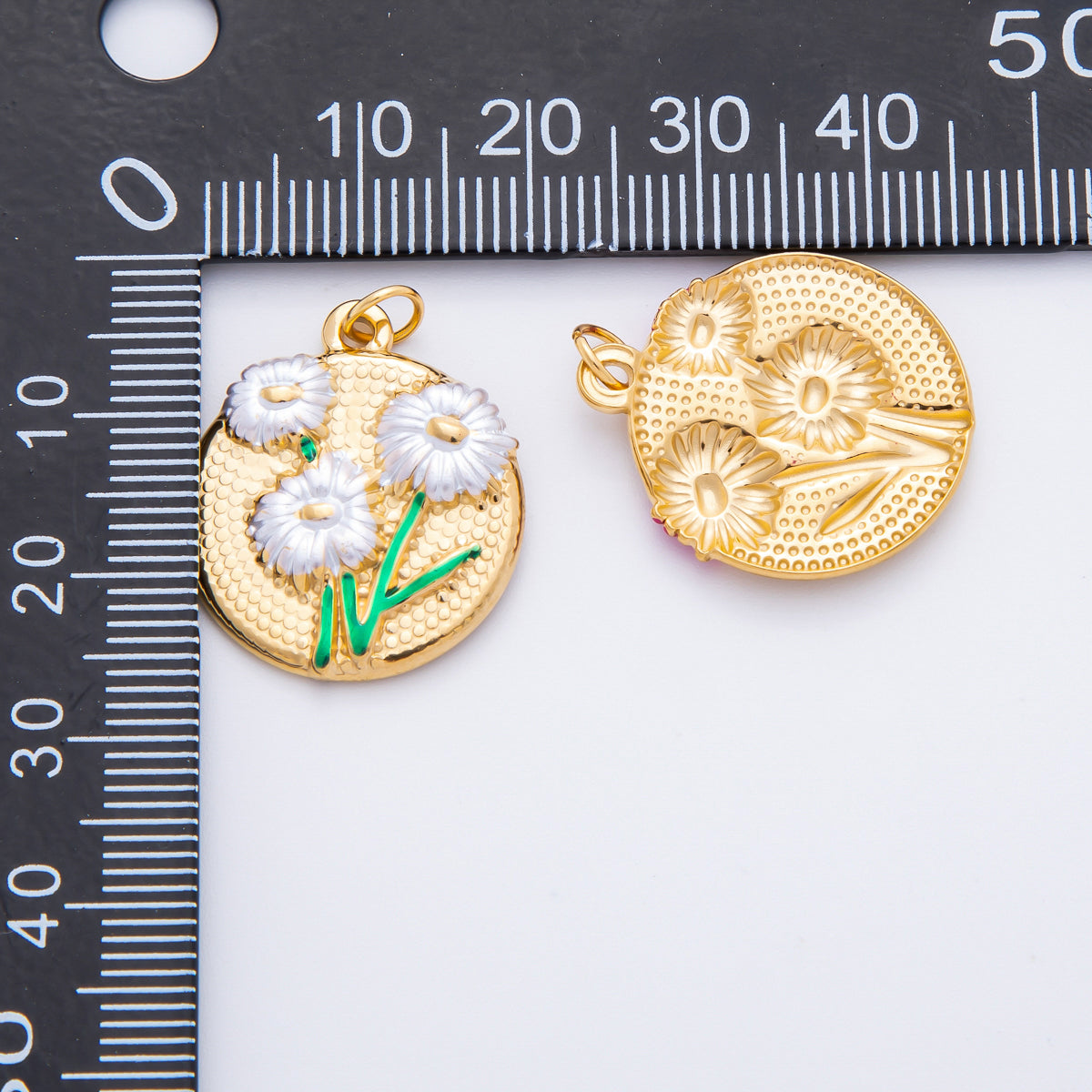 Gold Stainless Steel 26.5mm Fuchsia & White Enamel Flower in Coin Charm | J683