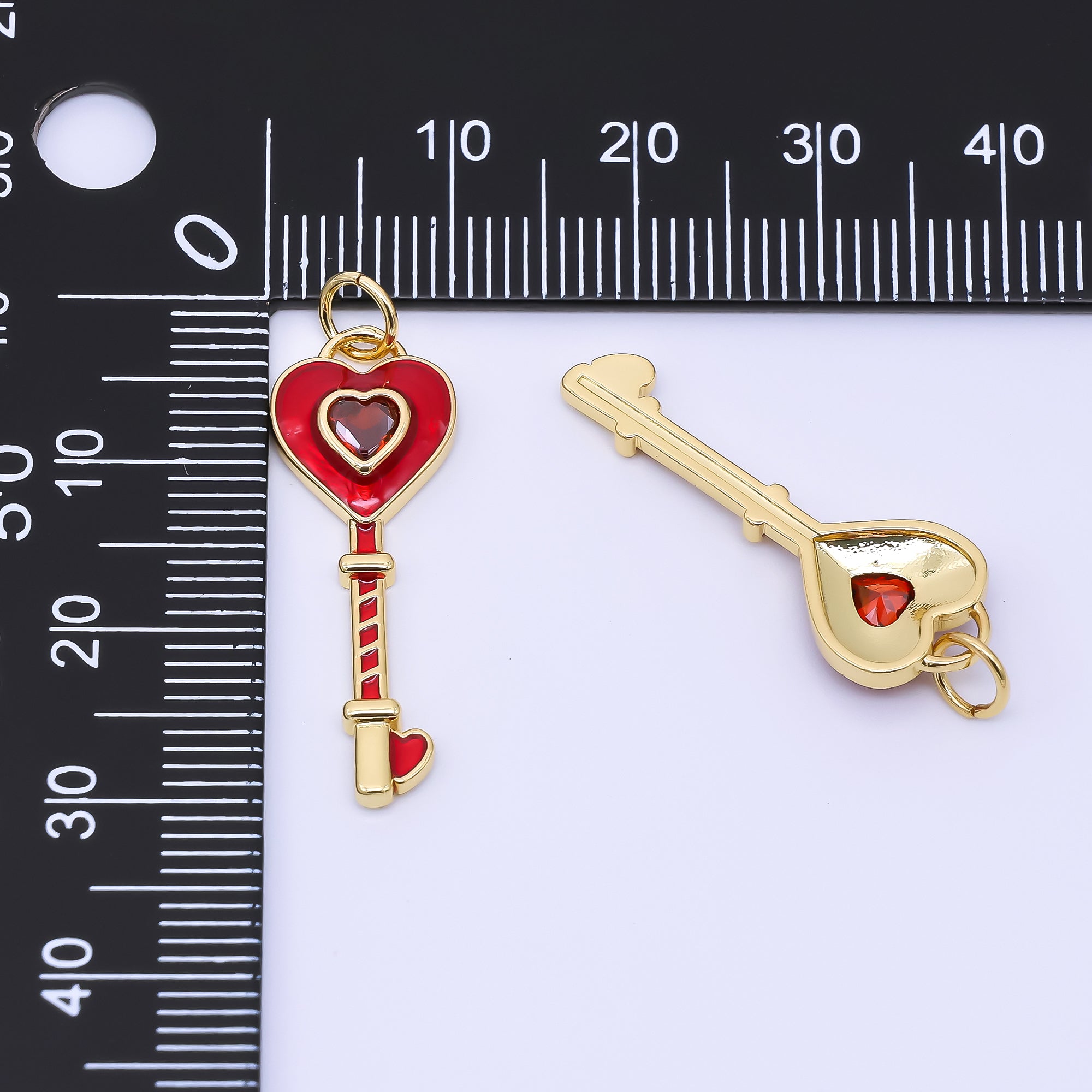 24K Gold Filled 28mm Red Heart-Shaped CZ Hand-Painted Enamel Heart Key Charm | AC1603