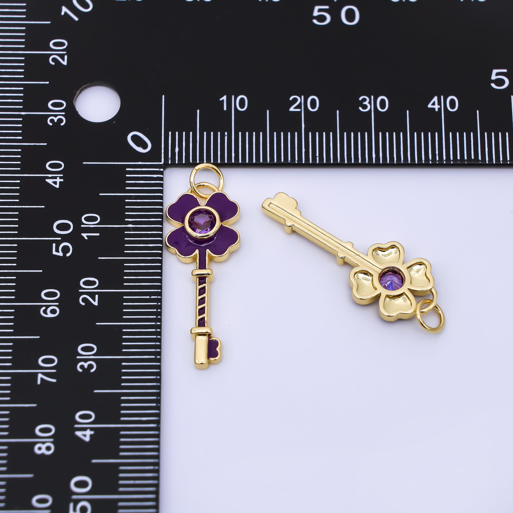 24K Gold Filled 28mm Purple Round CZ Hand-Painted Enamel Key to the Lavender Garden Floral Charm | AC1604
