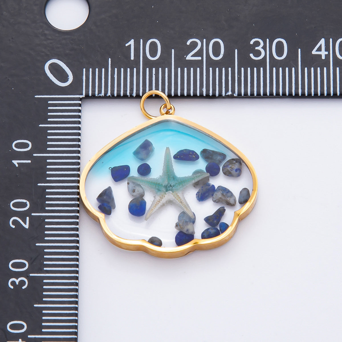 Gold Stainless Steel 29mm Ocean Blue Resin Starfish & Beach Stones Charm | J696