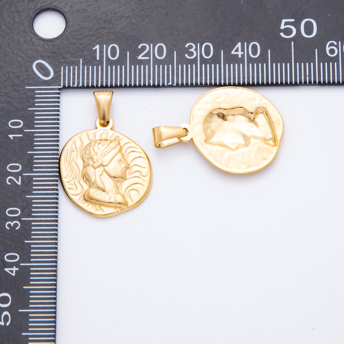 Stainless Steel 28mm Athens King Textured Round Pendant Charm | J550