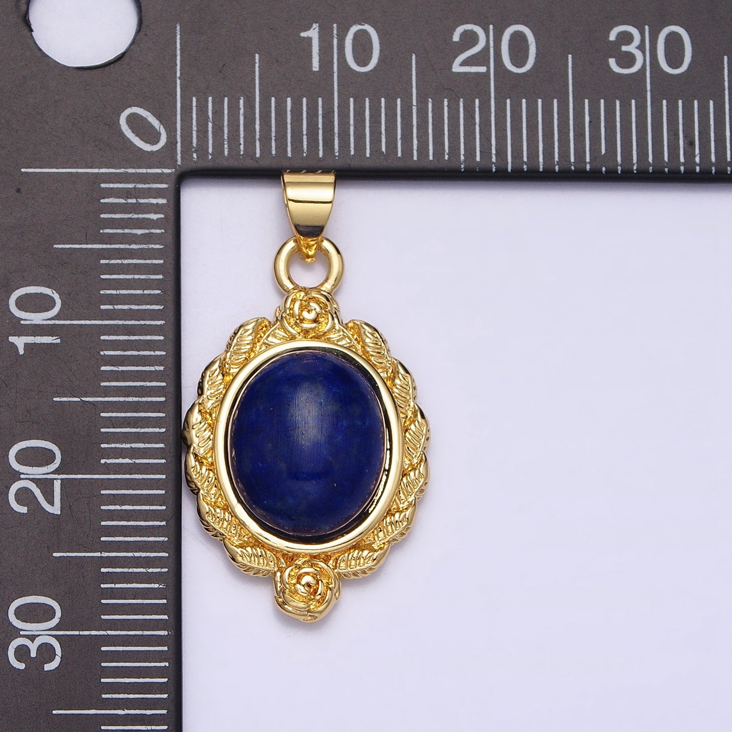 24K Gold Filled 29mm Lapis Lazuli, Malachite, Moss Agate Cabochon Gemstone Leaf Rose Bezel Pendant | AA286 - AA288
