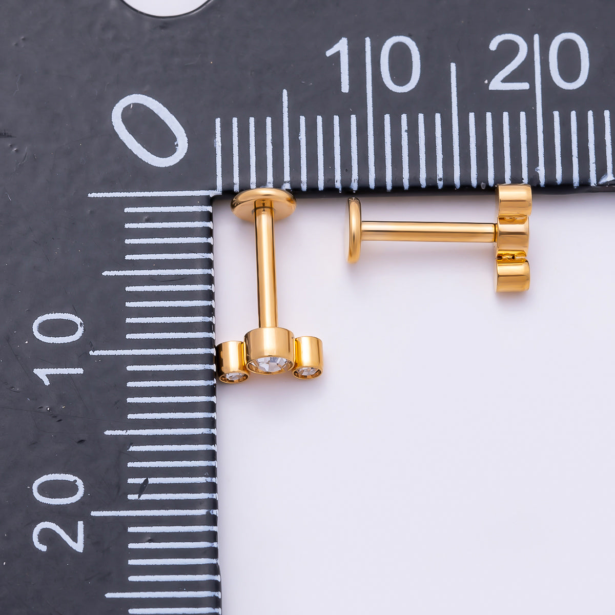 Titanium 11mm Triple Round CZ Bezel Cartilage Piercing Flat Back Stud in Gold & Silver | Findings-00433 Findings-00434