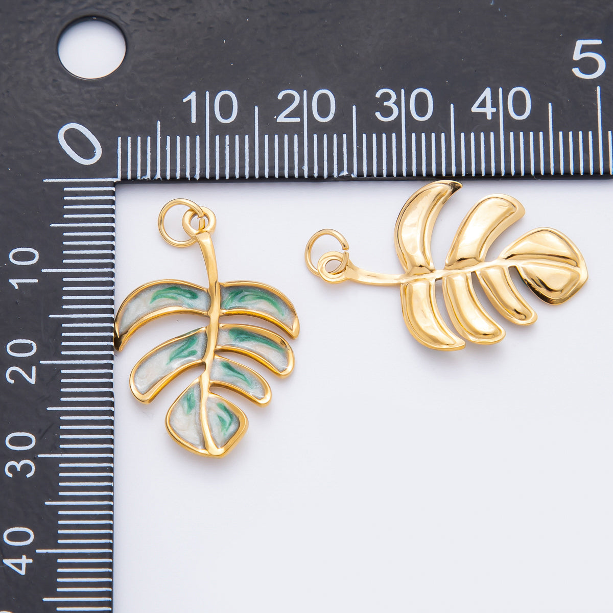Gold Stainless Steel 31mm Enamel Tropical Palm Tree Leaf Monstera Charm | J783
