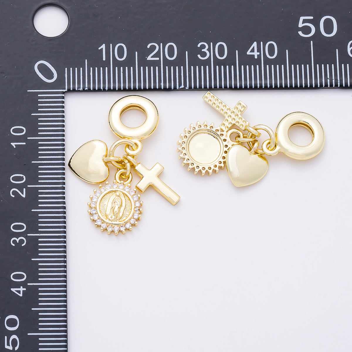16K Gold Filled 31mm Religious Heart Cross Mother Mary CZ Round Drop Rondelle Pendant | Charms-01157