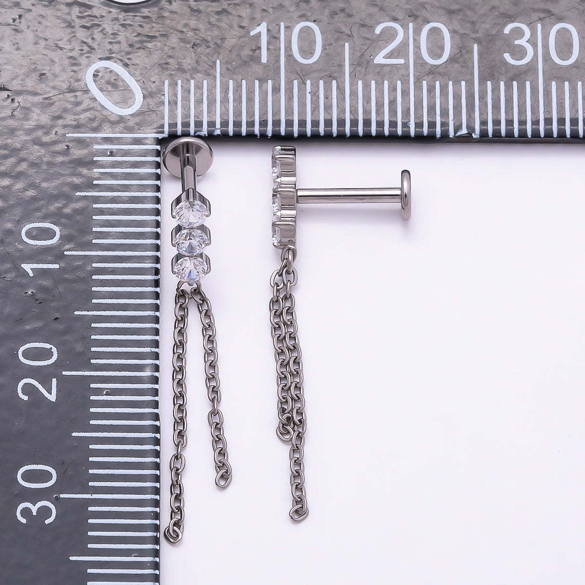 Titanium 31.5mm Triple CZ Chain Drop Cartilage Piercing Flat Back Stud | Findings-00328
