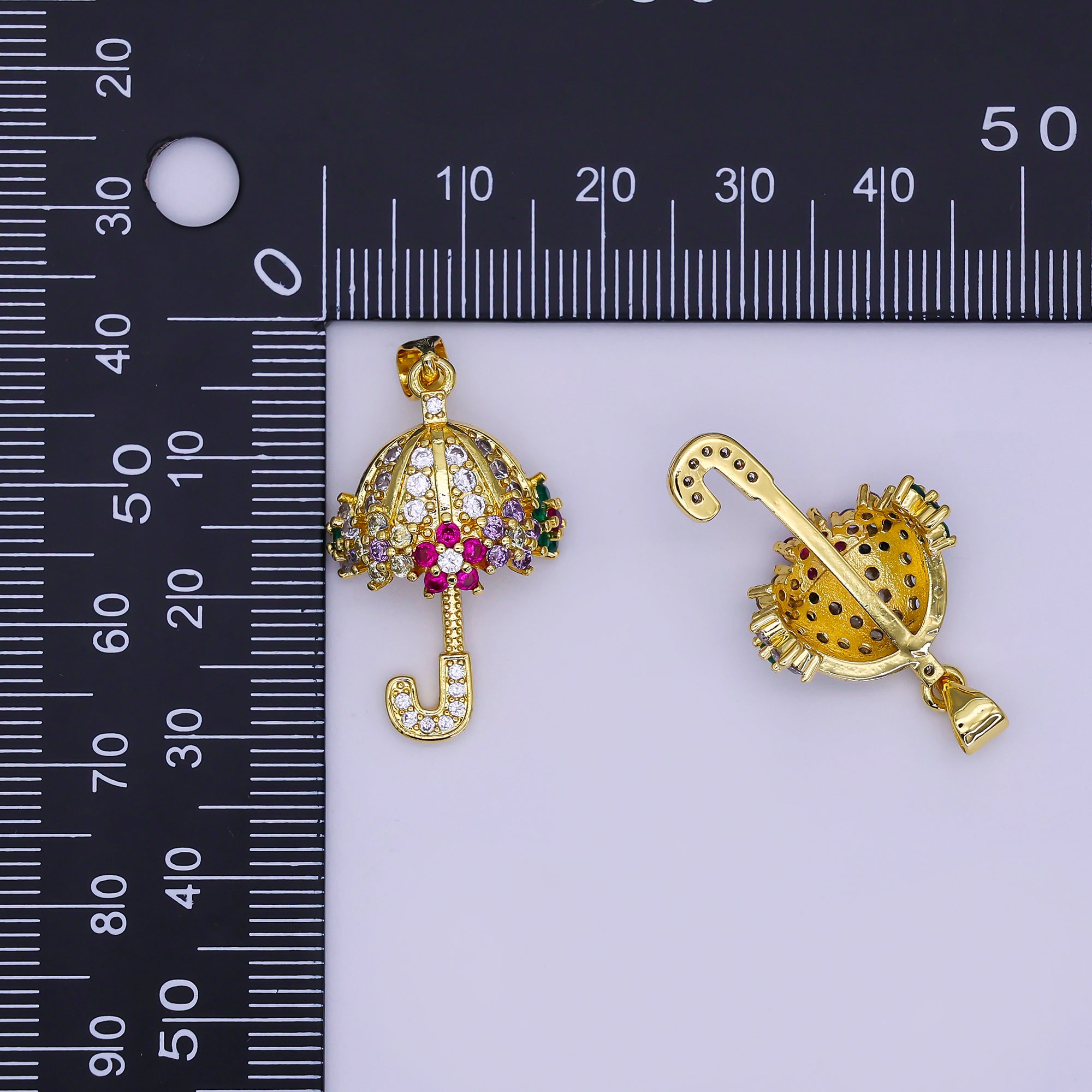 Clear Micro Paved Umbrella Multicolor CZ Flower Gold Pendant | AA019