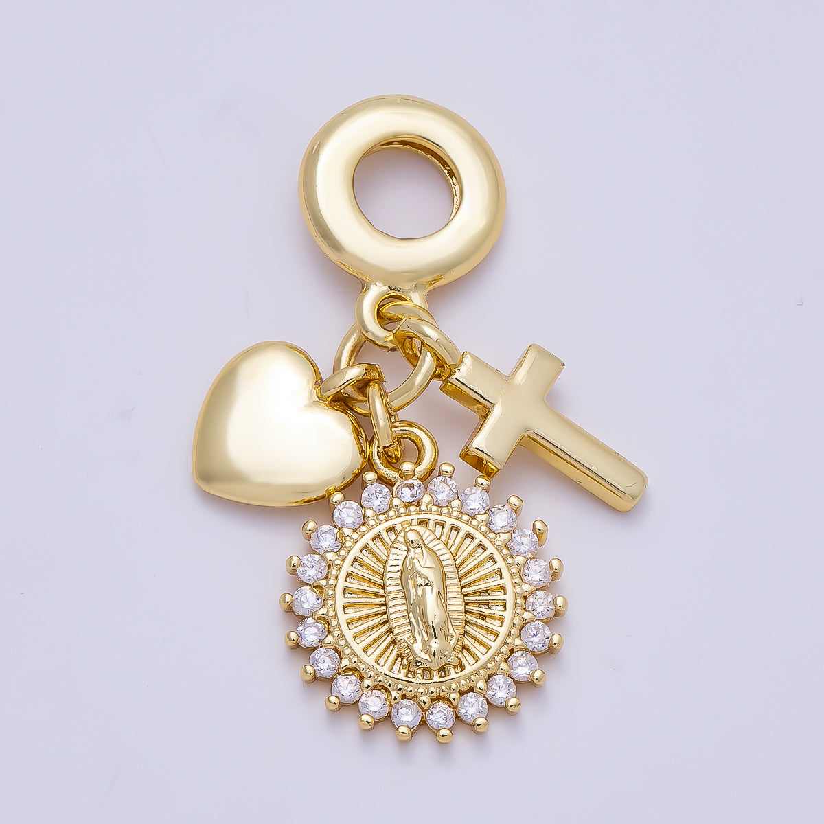 16K Gold Filled 33mm Religious Cross Heart Mother Mary CZ Round Drop Rondelle Pendant | Charms-01158