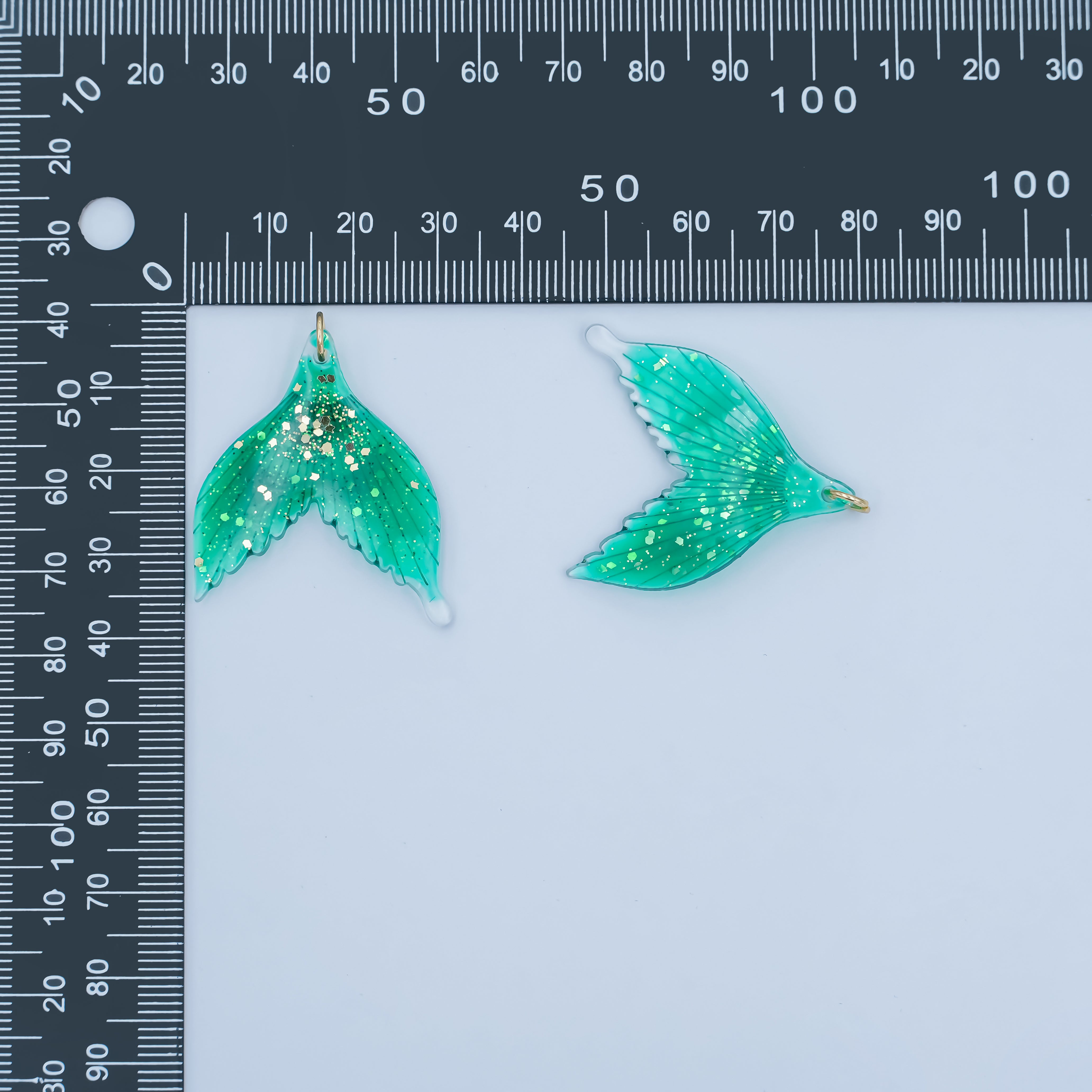 24K Gold Filled 34.5mm Green Gold-Fleck Mermaid Whale Fish Tail Acrylic Charm | N067