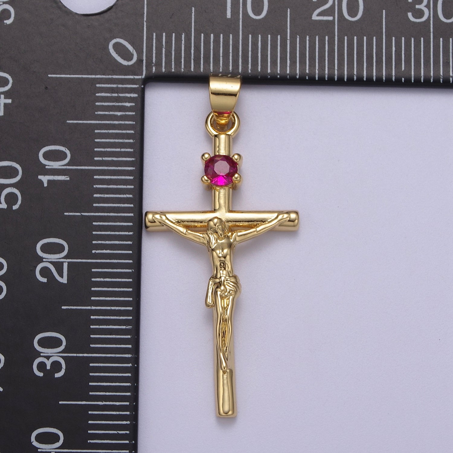 24K Gold Filled 35mm Fuchsia CZ Minimalist Crucifix Cross Pendant | H602