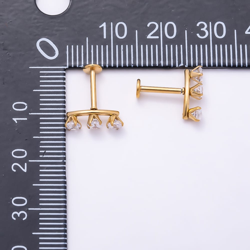 Titanium 4mm Clear CZ Triple Round Curved Cartilage Piercing Flat Back Stud in Gold & Silver | BJ-00305 BJ-00306