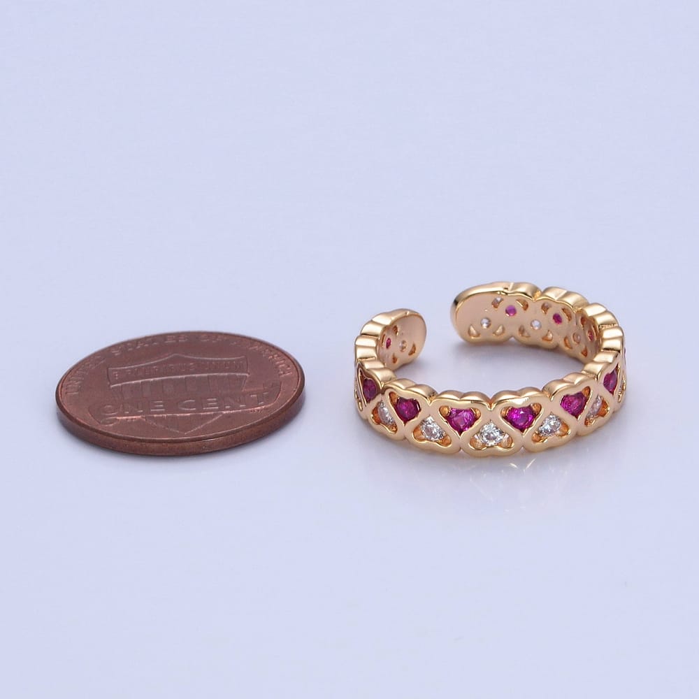 16K Gold Filled Green, Pink CZ Heart Inverted Lined Ring | O735 O736
