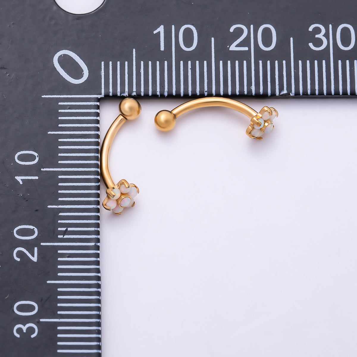 Titanium White Opal Flower Curved Eyebrow Barbell Piercing Stud in Gold & Silver | Findings-00458