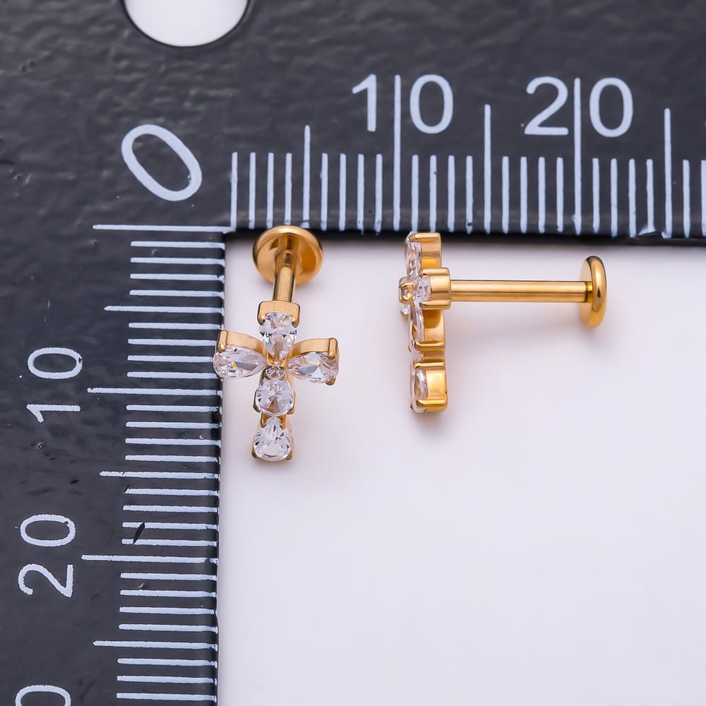 Titanium 6mm Clear CZ Teardrop Religious Cross Cartilage Piercing Flat Back Stud | BJ-00283