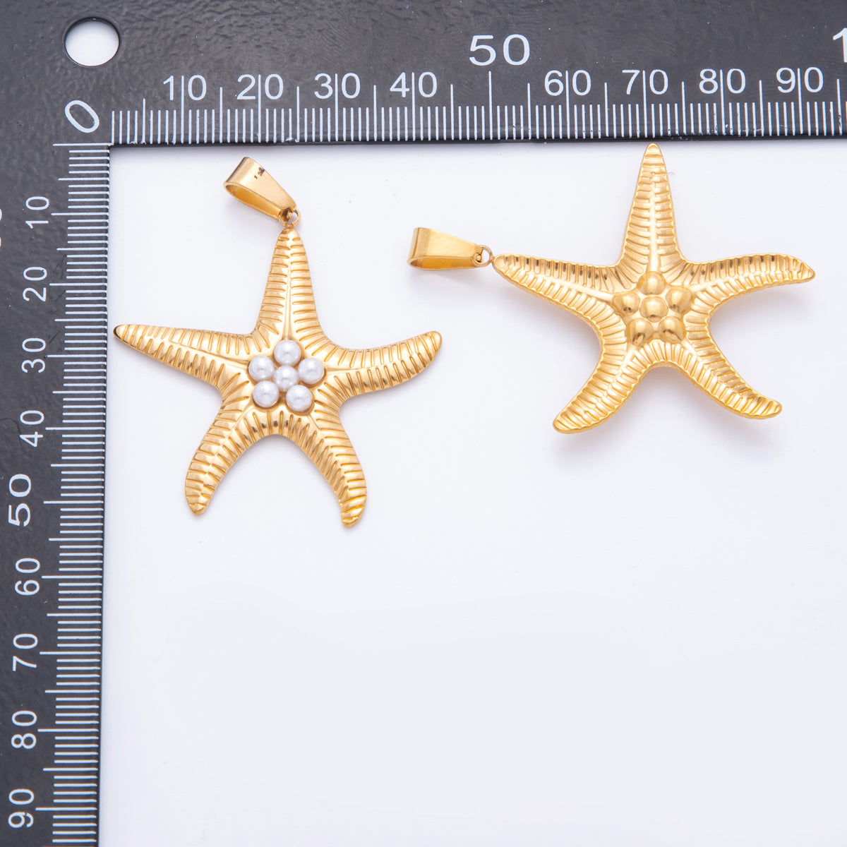 Stainless Steel Shell Pearl Lined Ribbed Starfish Pendant | J541