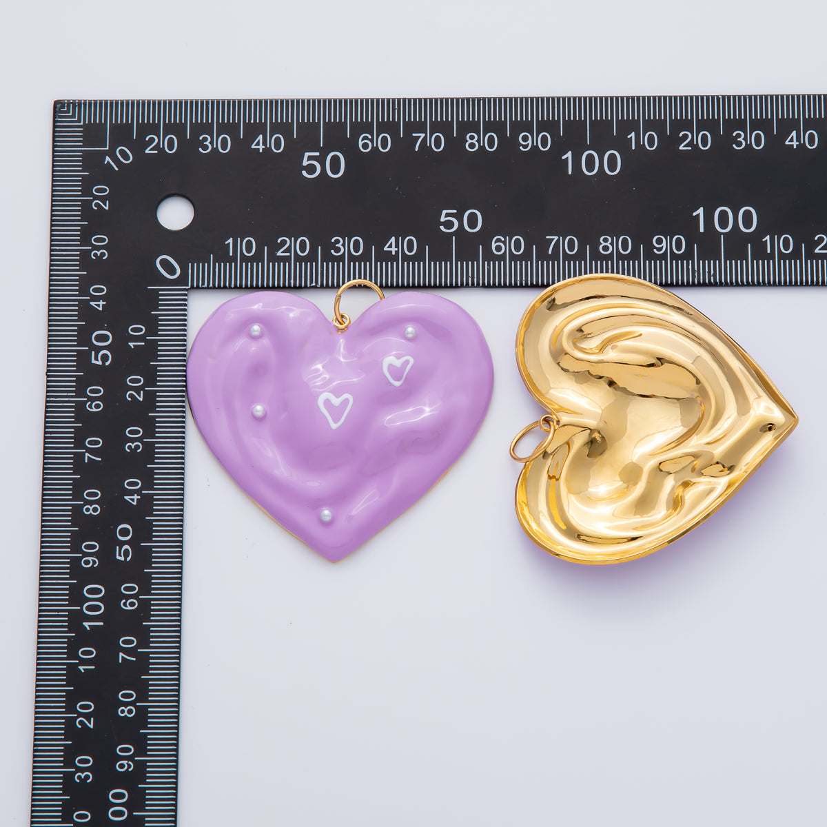 Gold Stainless Steel 57mm Handpainted Purple Enamel Heart Charm | J873