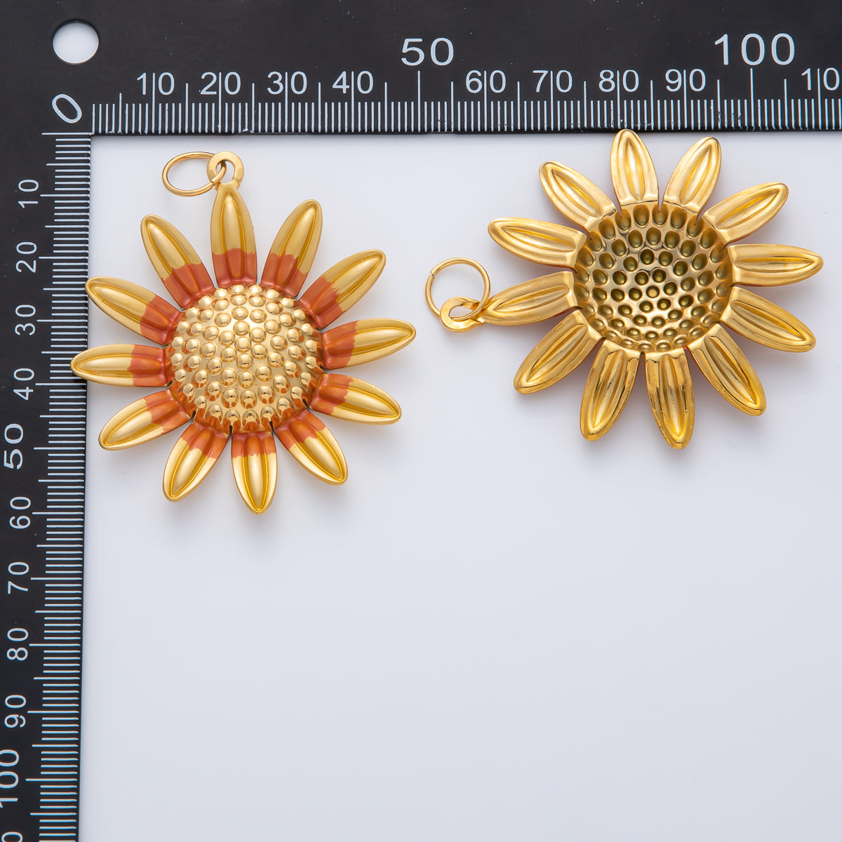 Gold Stainless Steel 57mm Handpainted Orange Enamel Fresh Sunflower Charm | J891