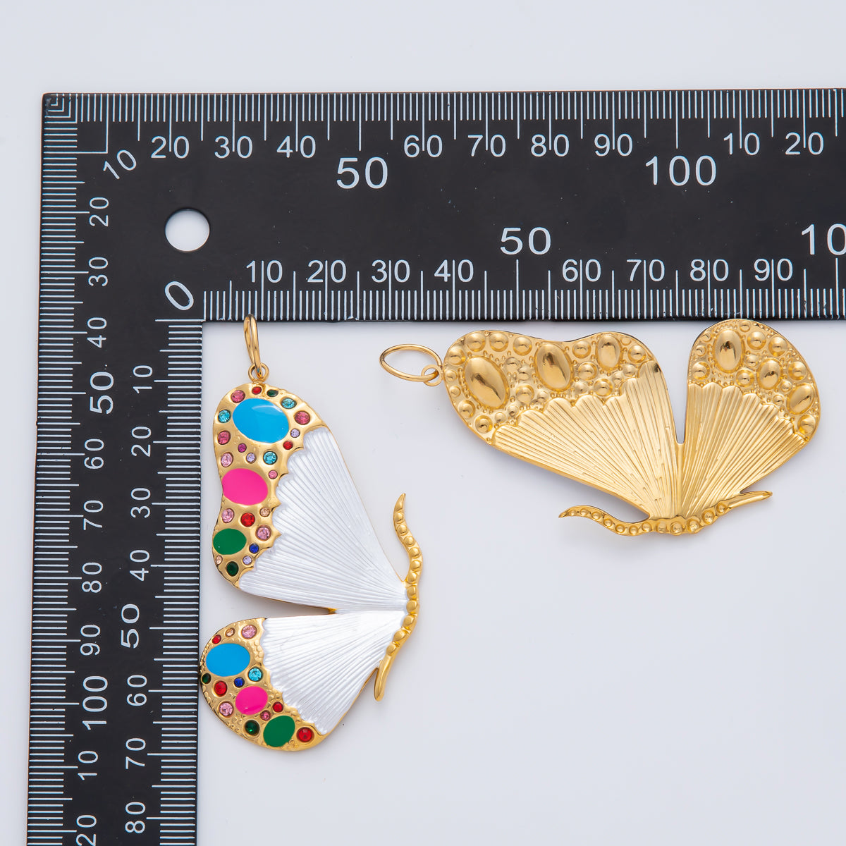 Gold Stainless Steel 62mm Handpainted Enamel Butterfly Charm | J890
