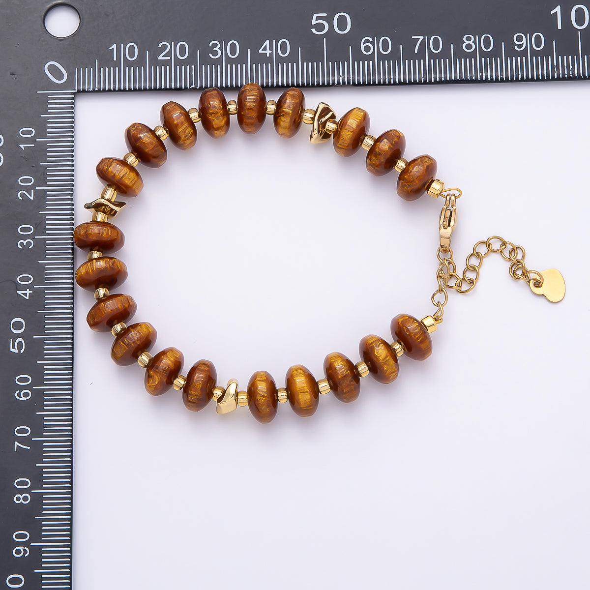 Handmade 10mm Round Flat Rondelle Bead Resin 7.5 Inch Bracelet w/ Extender Gold Pvd Stainless Steel | WA-04613 - WA-04618