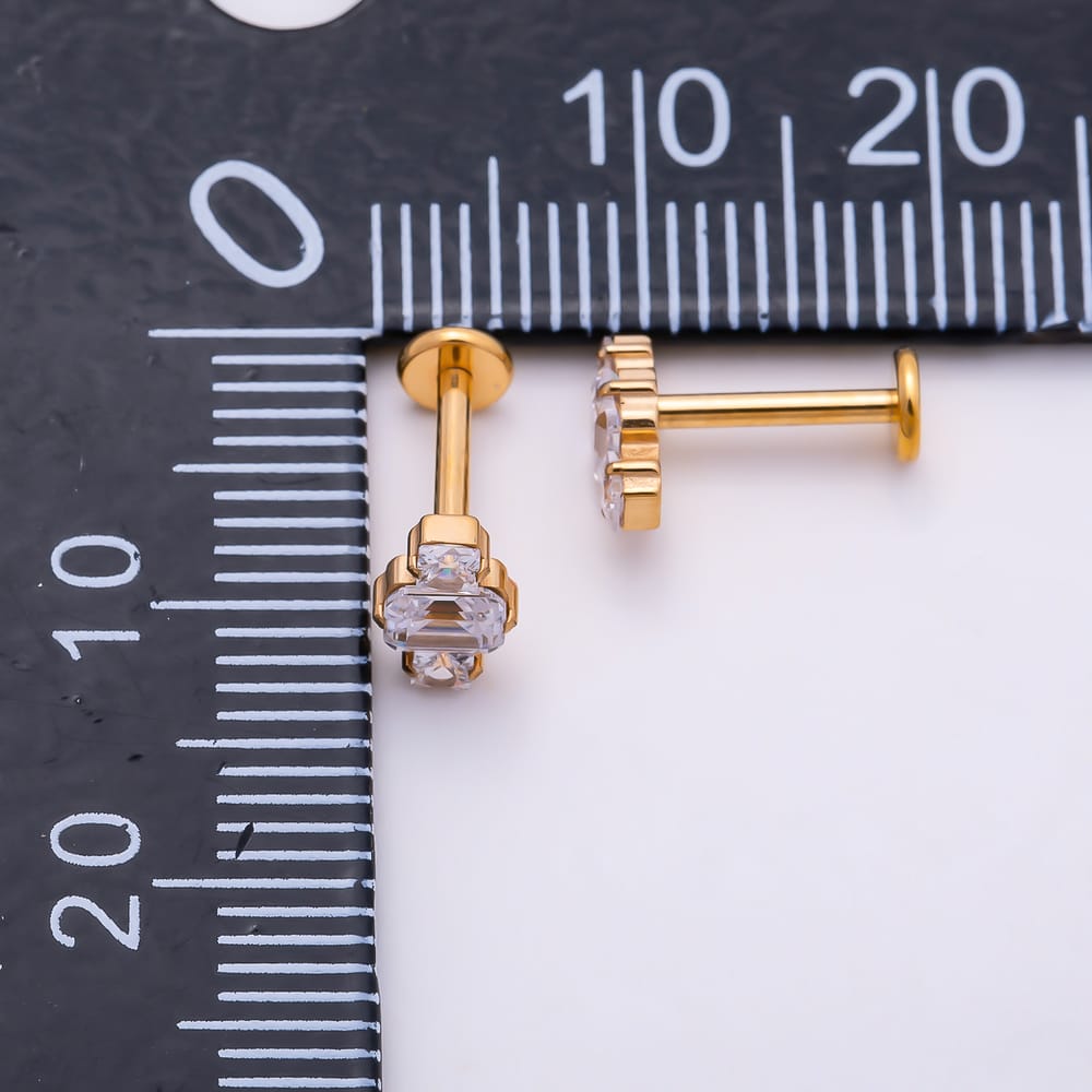 Titanium 7mm Clear CZ Triple Baguette Cartilage Piercing Flat Back Stud in Gold & Silver | BJ-00277 BJ-00278