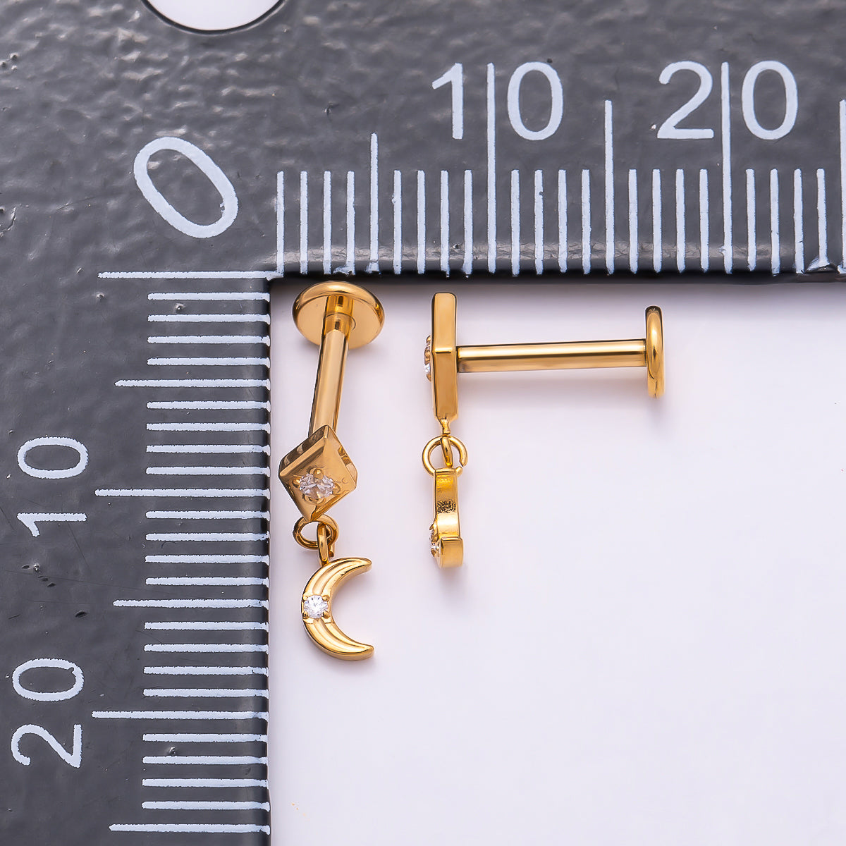 Stainless Steel 14mm CZ Crescent Moon Rhombus Drop Single Cartilage Piercing Flat Back Stud in Gold & Silver | Findings-00242 Findings-00243