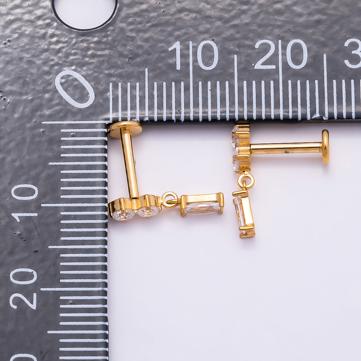 24K Gold Filled 14mm Clear CZ Round Baguette Drop Single Cartilage Piercing Flat Back Stud in Gold & Silver | Findings-00248 Findings-00249
