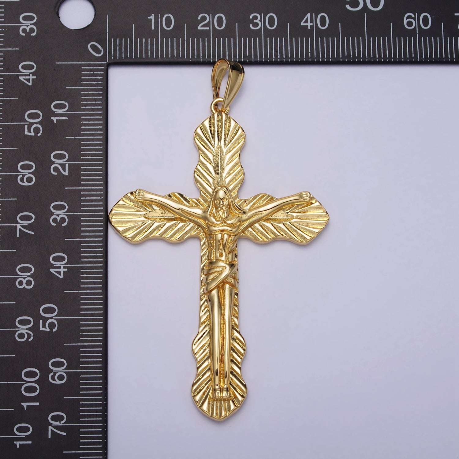 Gold 70mm Crucifix Leaf Textured Fleur Passion Cross Religious Pendant | AA084