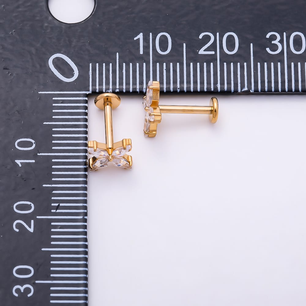 Titanium 9mm Clear Edged Marquise CZ Star Flower Cartilage Piercing Flat Back Stud in Gold & Silver | BJ-00279 BJ-00280