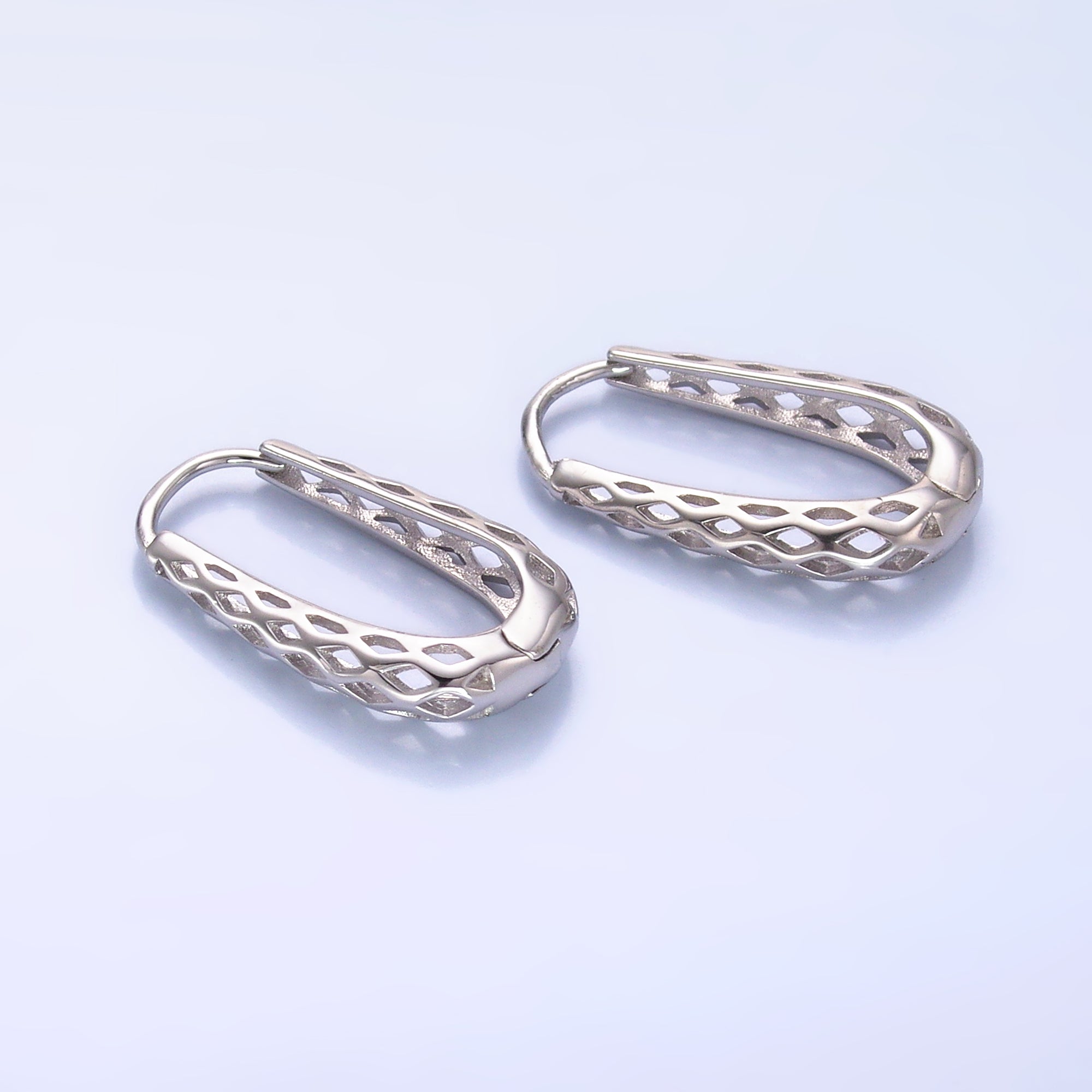 S925 Sterling Silver Geometric Filigree Oblong Dome Hoop Earrings | SL-596