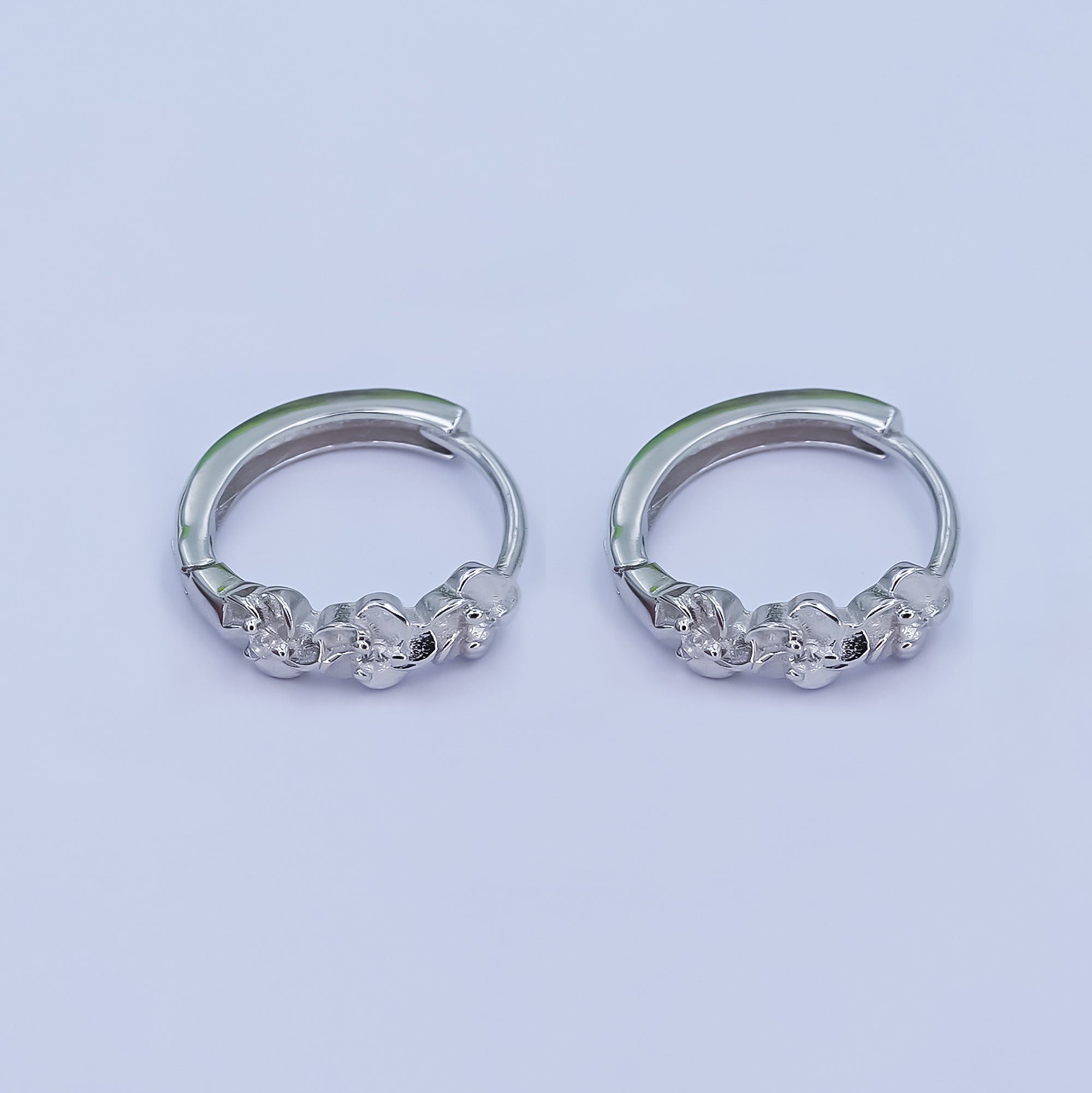 Sterling Silver S925 Triple Flower Huggies Hoop Earrings | SL-648