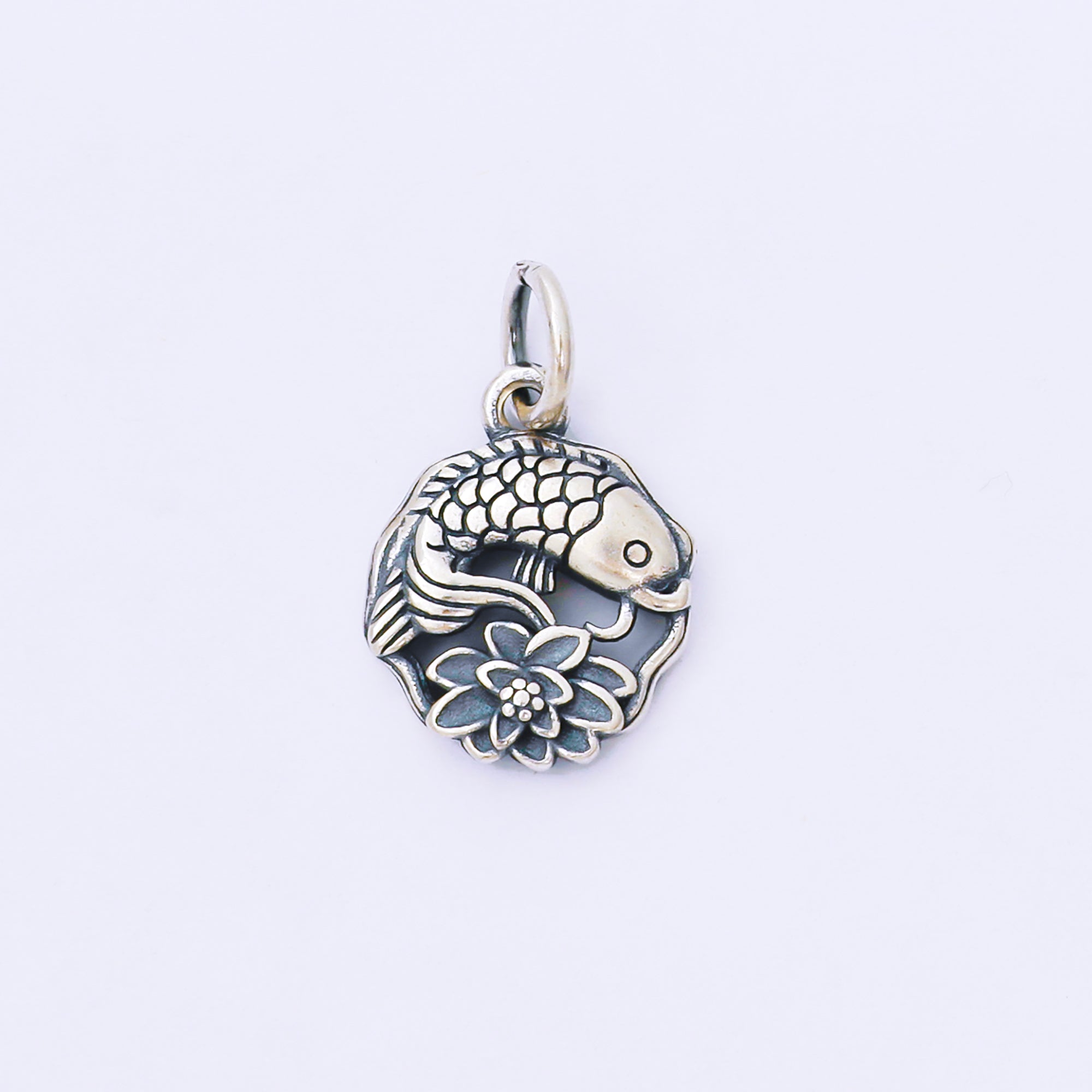 S925 Sterling Silver 15mm Lucky Lotus Flower Koi Fish Charm | SL-692
