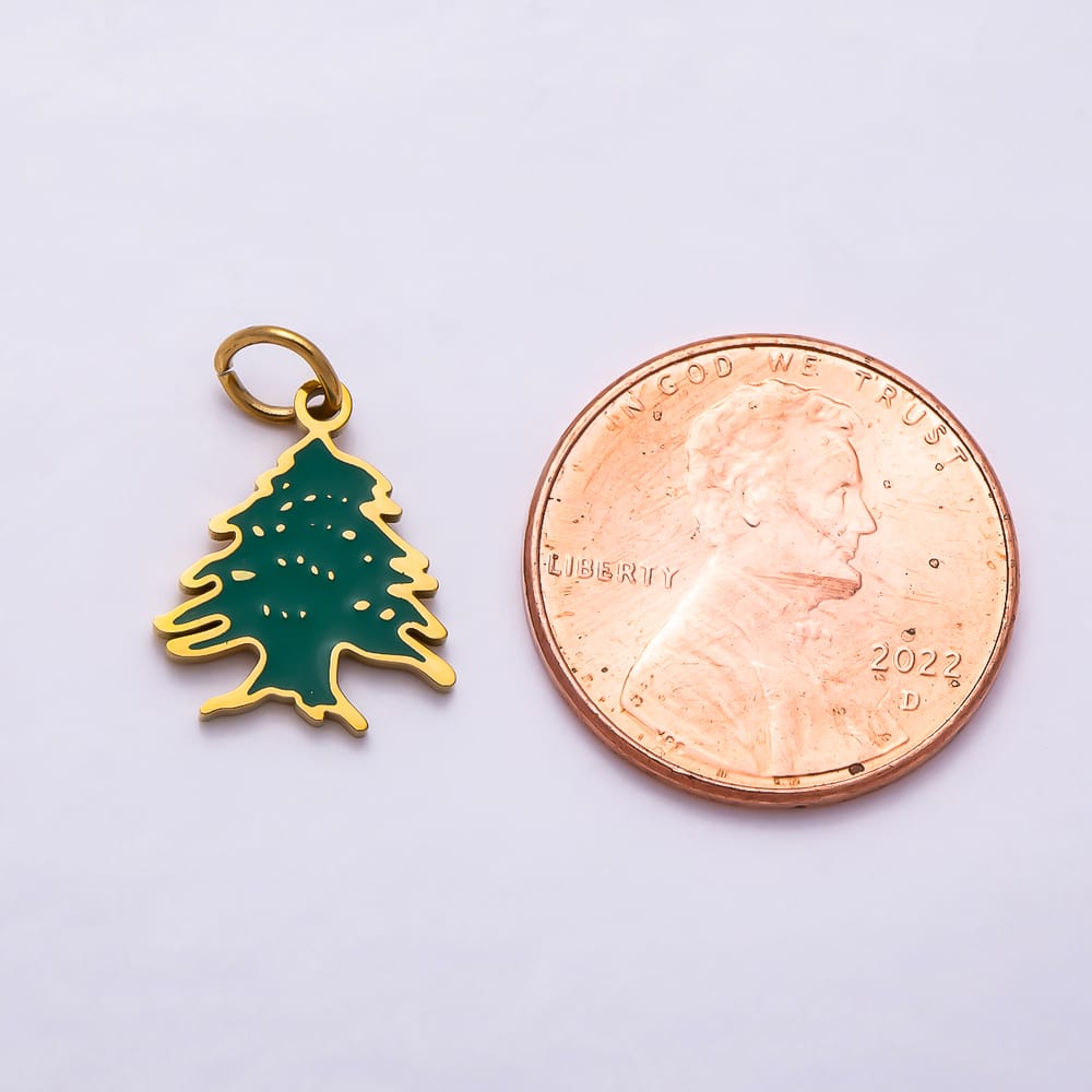 CHRISTMAS HOLIDAYS 16K Gold Filled 14mm Green Enamel Christmas Tree Charm | Charms-02236