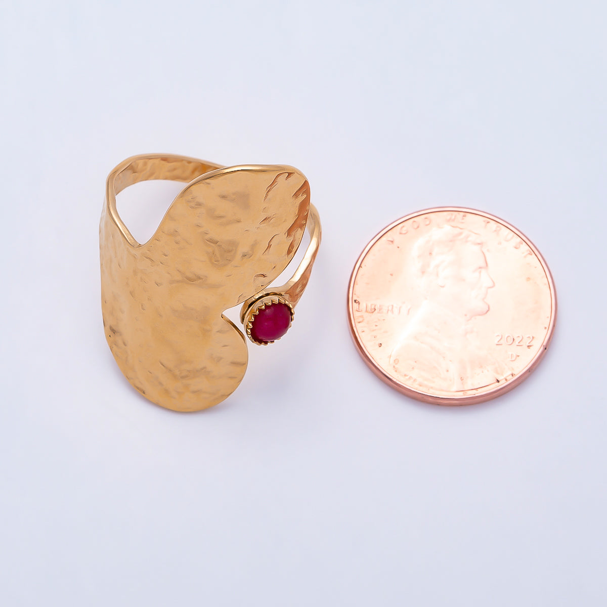 PVD Gold Stainless Steel Red Agate Gemstone Hammered Geometric Wrap Ring | Rings-00313