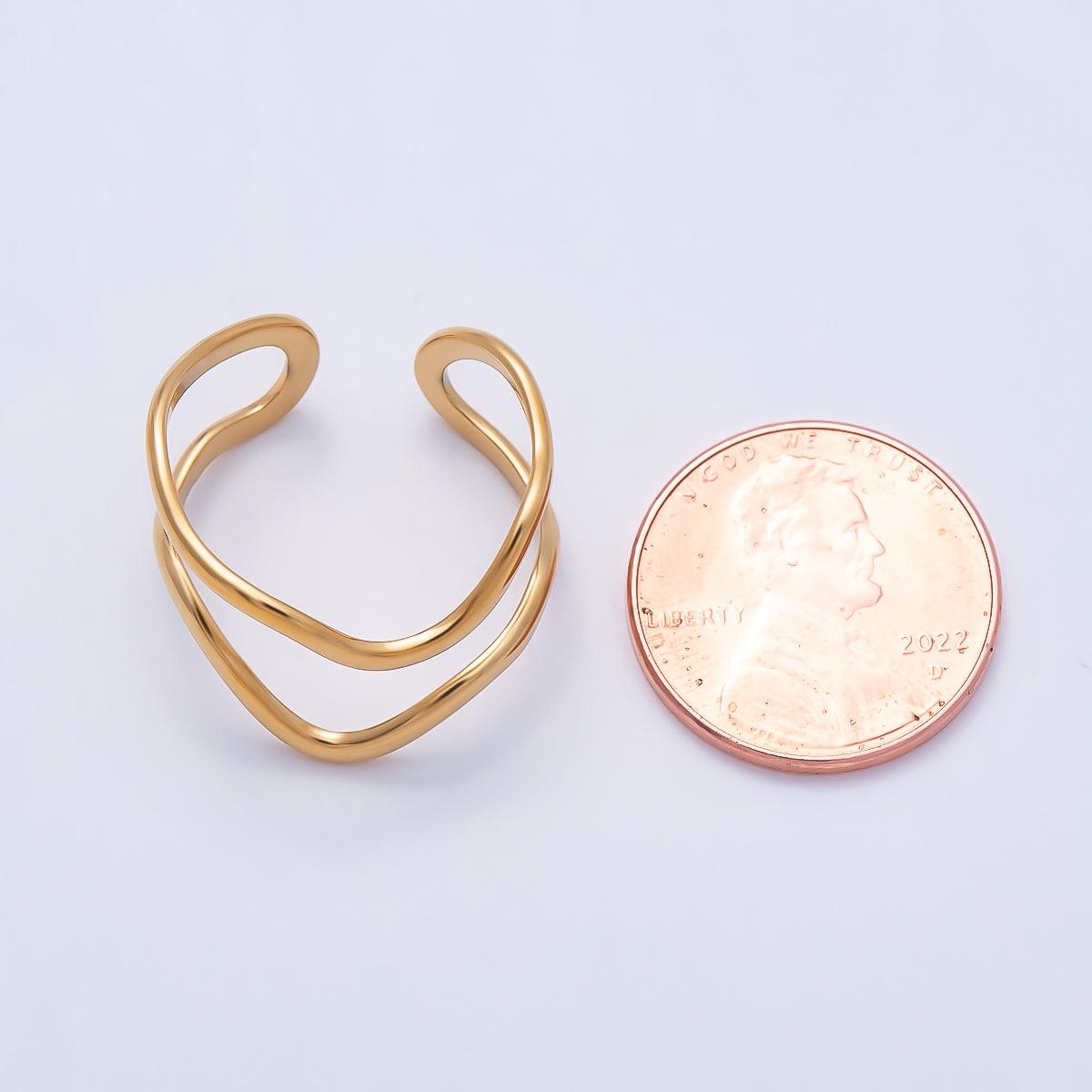 PVD Gold Stainless Steel Minimalist Wavy Double Band Ring | Rings-00316