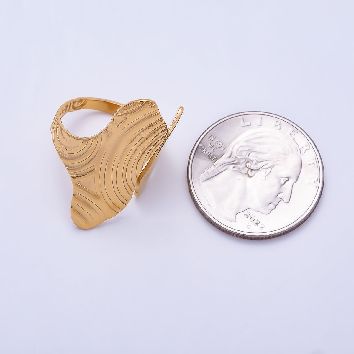 PVD Gold Stainless Steel Round Line Wavy Textured Geometric Wrap Ring | Rings-00314