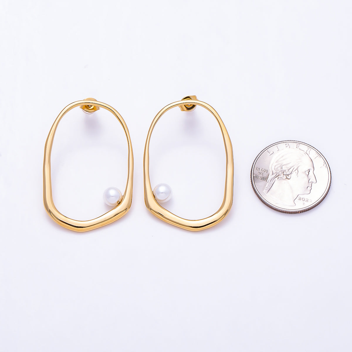 Stainless Steel PV 40mm Shell Pearl Edged Geometric Open Rectangle Stud | Earrings-00729