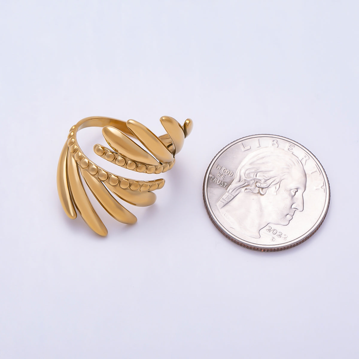 PVD Gold Stainless Steel Minimalist Geometric Leaf Wing Wrap Ring | Rings-00320