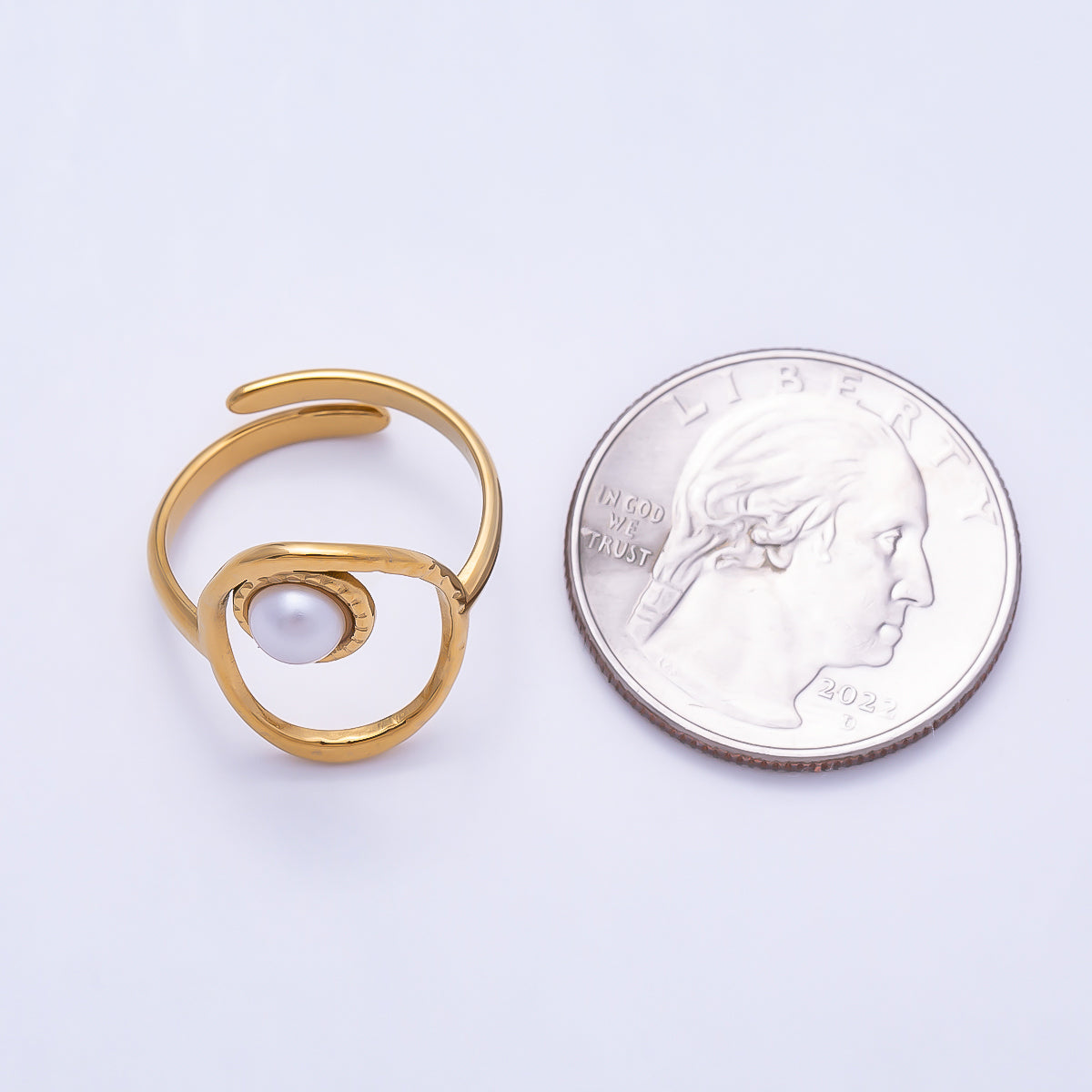 PVD Gold Stainless Steel Shell Pearl Open Molten Oval Bezel Ring | Rings-00310