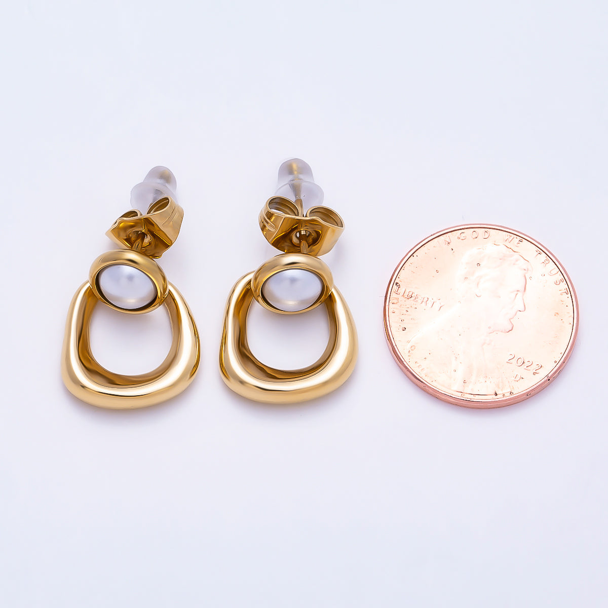 Stainless Steel PVD Gold 35mm Shell Pearl Bezel Geometric Link Drop Stud | Earrings-00752