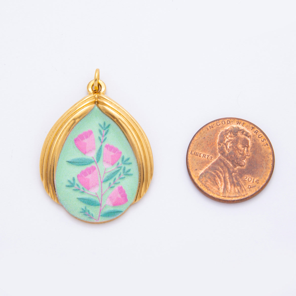Gold Stainless Steel 35mm Hand-Painted Enamel Pink Rose Flower Charm | J166