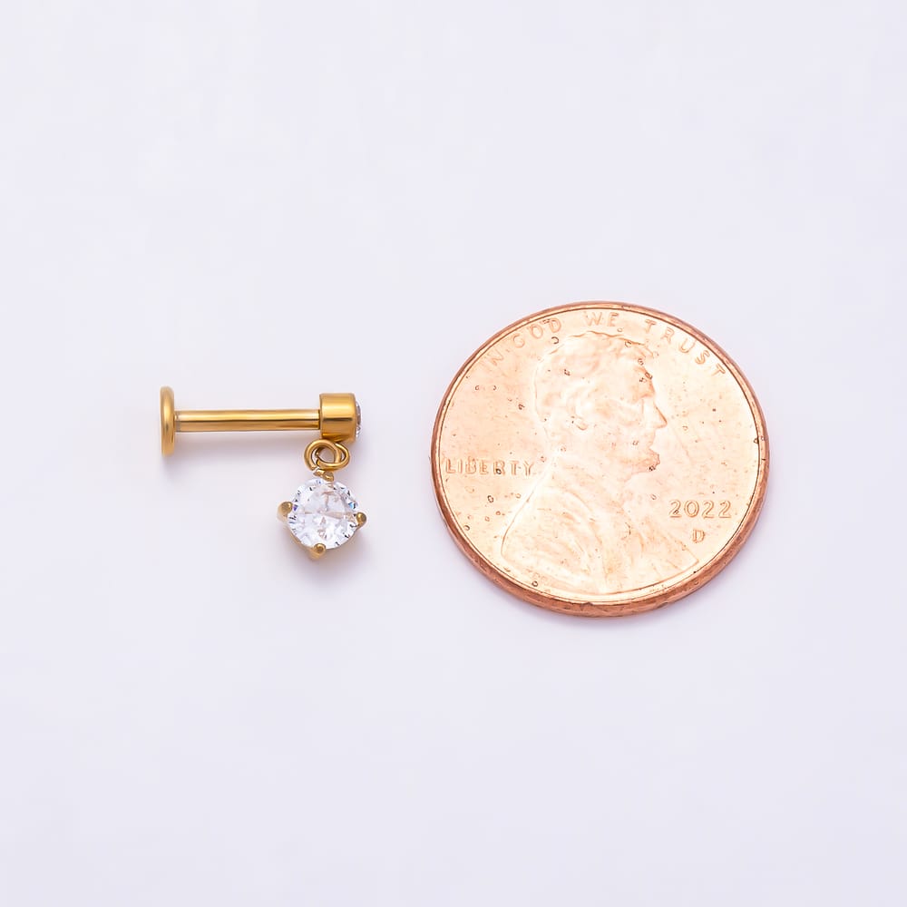 Titanium 11mm Clear CZ Round Drop Cartilage Piercing Flat Back Stud in Gold & Silver | BJ-00313 BJ-00314