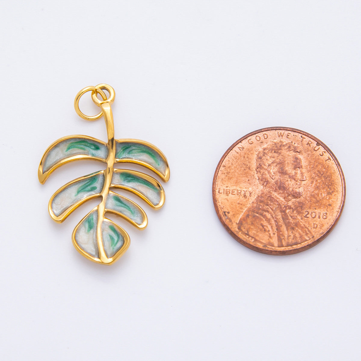 Gold Stainless Steel 31mm Enamel Tropical Palm Tree Leaf Monstera Charm | J783