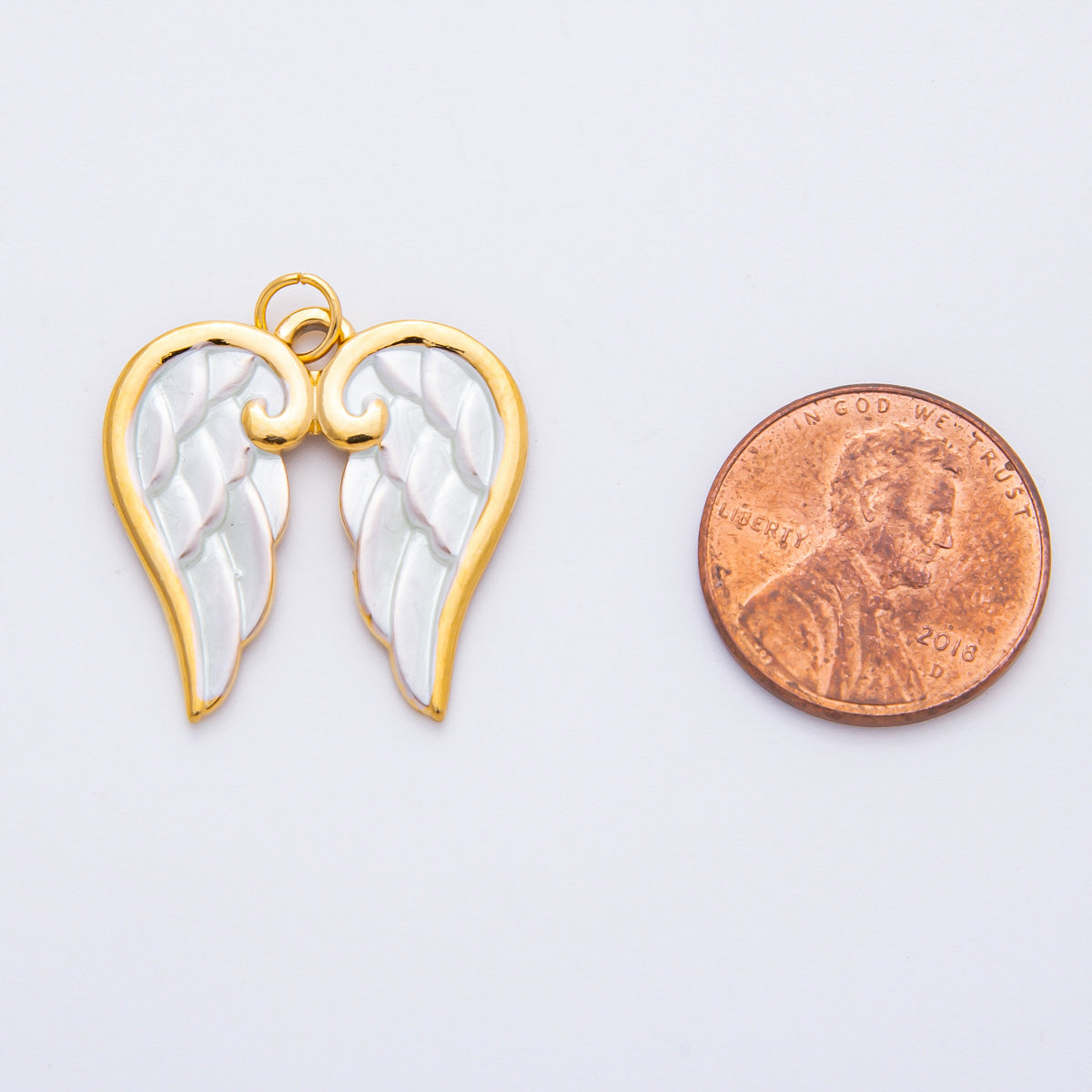 Gold Stainless Steel 26mm White Enamel Heavenly Angel Wings Charm | J778